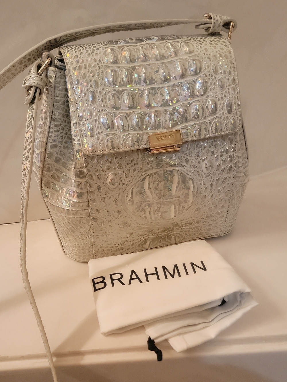 Brahmin Iridescent White Croc-Embossed Crossbody Bag